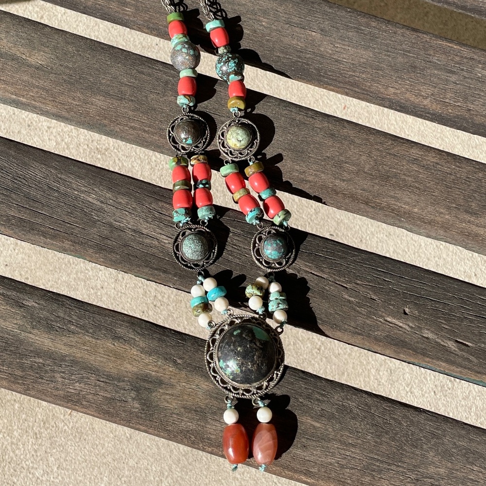Vintage Tibetan Nepalese Style Turquoise Coral Stone Statement Necklace - Picture 8 of 13
